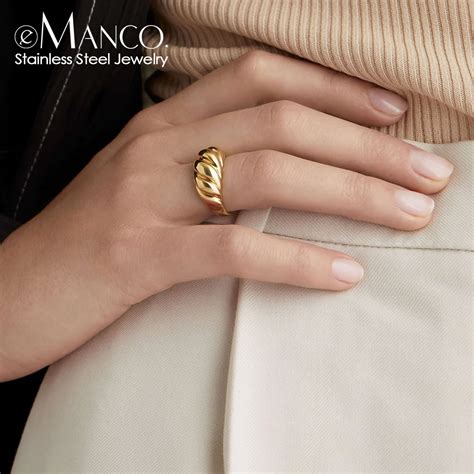 Emanco Simple Fashion Style Texture Stainless Steel Rings Classic Gold