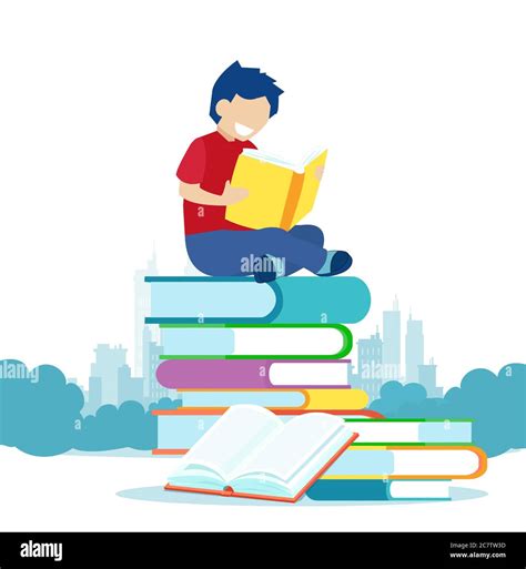 Vector de un niño sentado en un montón de libros y lectura Imagen