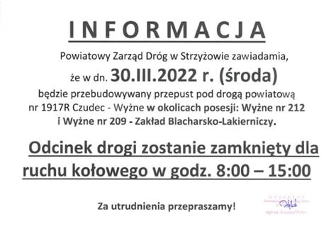 Informacja o zamknięciu drogi Wyżne nr 212 209