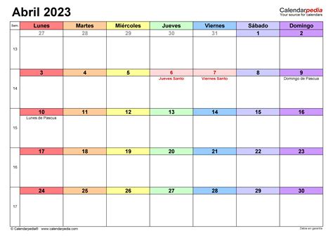 Calendario Abril 2023 En Word Excel Y Pdf Calendarpedia