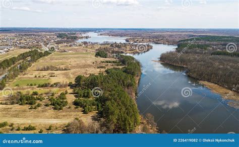 Aerial View Of The Teterev River And The Forest Near The River Stock