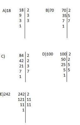 Decomponha Em Fatores Primos Cada Número 18 - Decomponha,no caderno,em fatores primos cada número. A)18 C)84 E)242 B ...