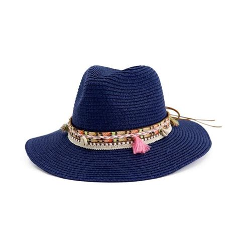 Blue Chapeau De Soleil En Paille Pour Femmes Blanc Panama