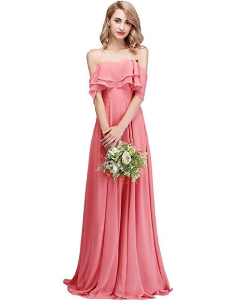 CLOTHKNOW Chiffon Bridesmaid Dresses Long Strapless Shoulder Ruffles