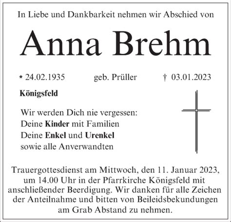 Anna Brehm Traueranzeige Trauer Infranken De