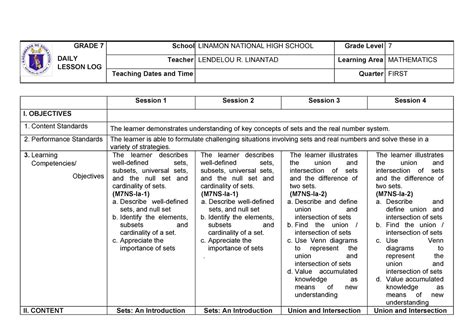 Week 1 Enhance The Lesson Plan Grade 7 Daily Lesson Log School