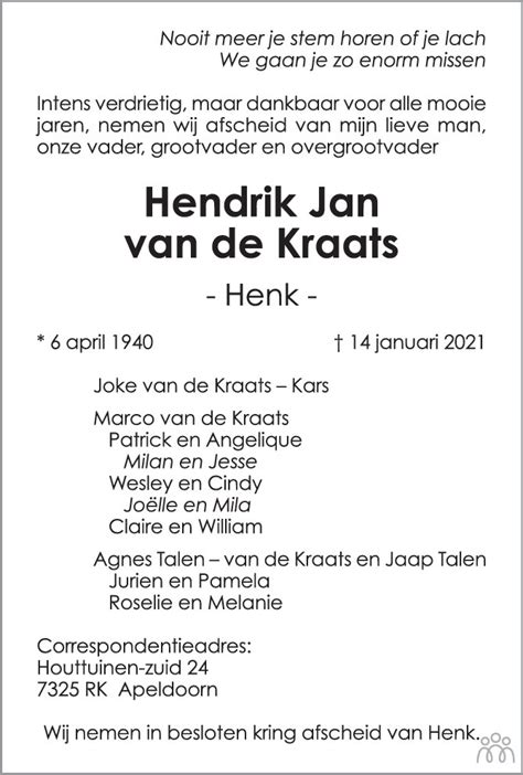 Hendrik Jan Henk Van De Kraats 14 01 2021 Overlijdensbericht En