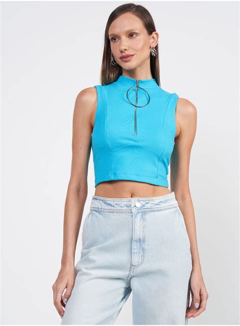 Blusa Cropped Gola Alta Argola Compre Na COL Blusa Cropped Gola