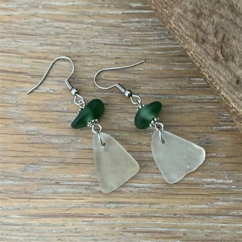 Natural Green Sea Glass Earrings English Beach Glass Jewelry Long