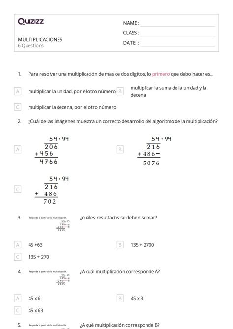 Multiplicaci N De Varios D Gitos Y Algoritmo Est Ndar Hojas De