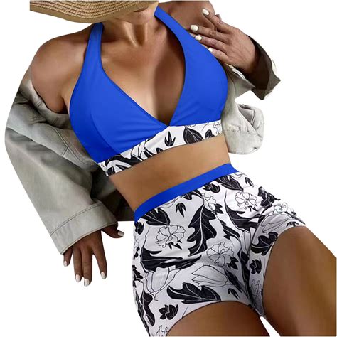 Fesfesfes Women Halter Bikini Set Chest Pad Wireless Bikini Print Deep V Bathingsuit High