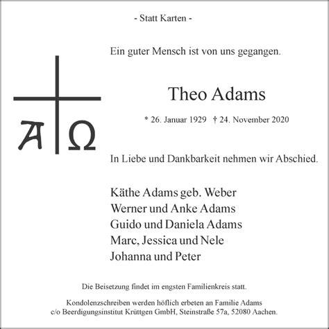 Traueranzeigen Von Theo Adams Aachen Gedenkt