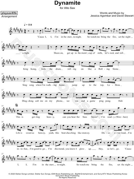 Playsax4life Dynamite Sheet Music Alto Saxophone Solo In A Minor Transposable Download