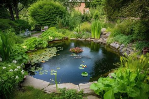 Premium AI Image Backyard Pond Surrounded By Lush Greenery And