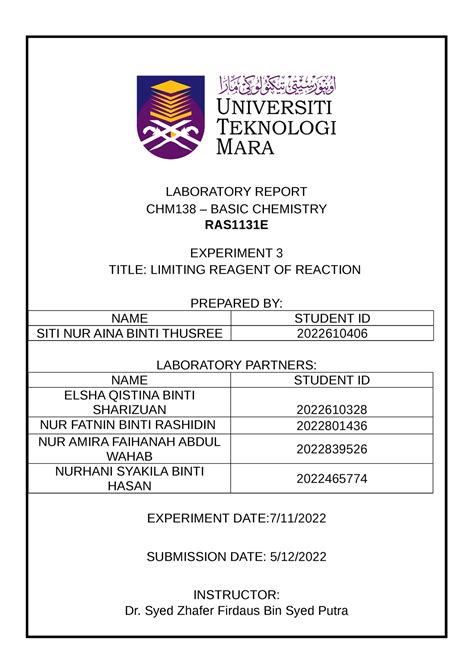 Lab Report Eks 3 Chm 138 Limiting Reagent With Reactant LABORATORY