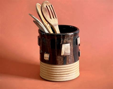 Terrazzo Mosaic Stoneware Utensil Holder Handmade Pottery Utensil Crock With Black Glaze