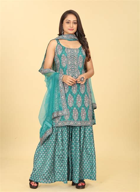 Aqua Blue Chinon Salwar Suit With Digital Print And Sequins Work Buy