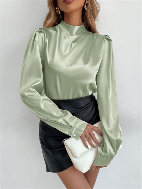 Stand Neck Fold Pleated Satin Blouse Satin Blouse Outfit Satin