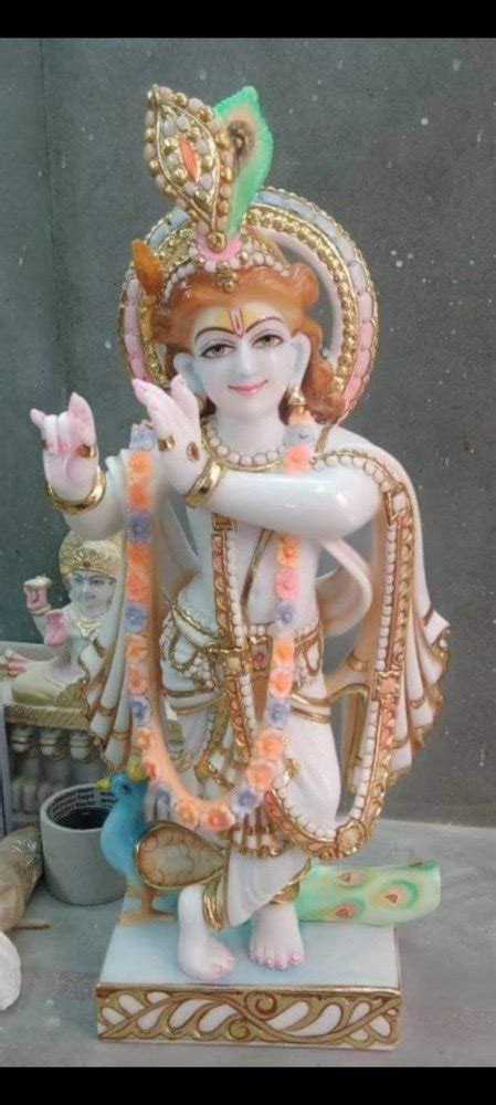 Golden Gold Plated Export Quality White Marble Krishna Statue Size