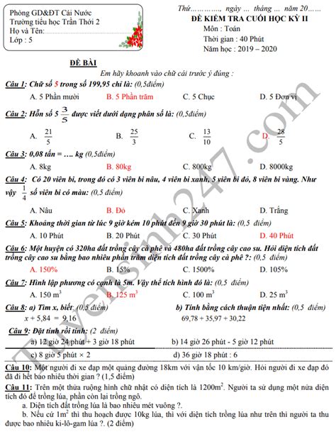 Đề thi kì 2 môn Toán lớp 5 TH Trần Thới 2 năm 2020