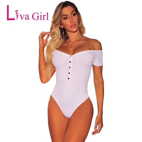 Liva Girl Sexy Black Off Shoulder Bodysuit Women Short Sleeves Body Top