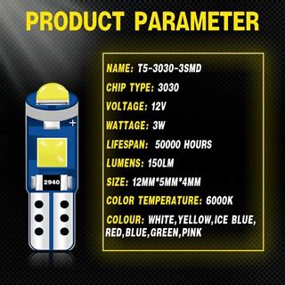 หลอดไฟ T5 LED W3W W1 2W Canbus 3030 3SMD 12V สาหรบตดตกแตงภายใน