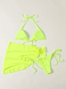 SHEIN Swim Summer Beach 3packs Neon Lime Triangle Bikini Set With Cover