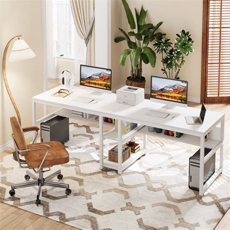 TribeSigns 78.7 Two Person Office Desk, Workstation with Bookshelf for ...