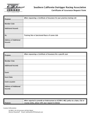 Fillable Online Scora Certificate Of Insurance Request Form Fax Email