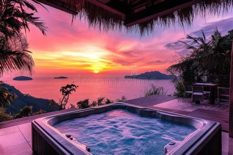 Relaxing Sunset View From A Hot Tub Overlooking The Ocean With Vibrant Colors Stock Image