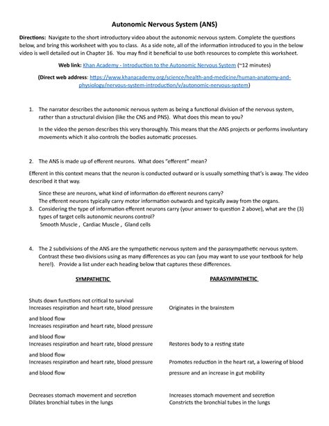 Autonomic Nervous System Video Worksheet Autonomic Nervous System