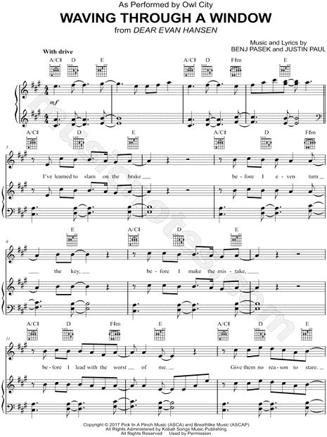 Owl City Waving Through A Window Sheet Music In A Major Transposable