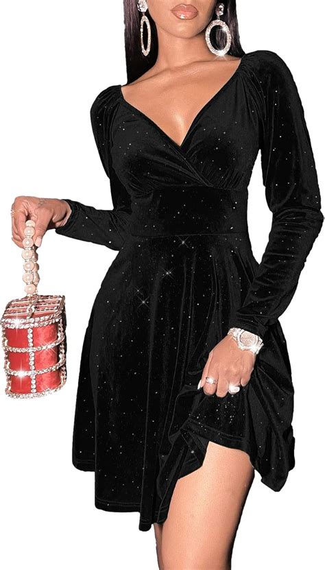 Sexyasasii Womens Wrap V Neck Long Sleeve Velvet Glitter A Line