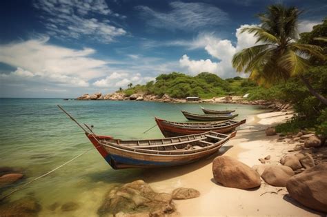 Premium AI Image Boats On A Beach With Palm Trees In The Background