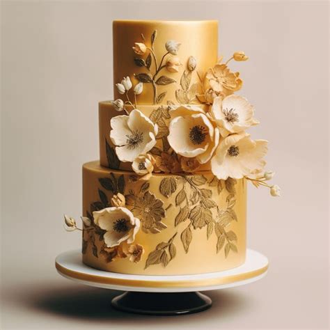 A Three Tiered Cake Decorated With Flowers On A White And Gold Plated Stand