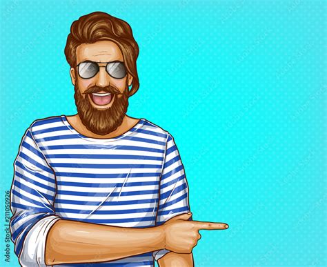 Vector Pop Art Brown Haired Man With Beard In Striped Shirt And Glasses