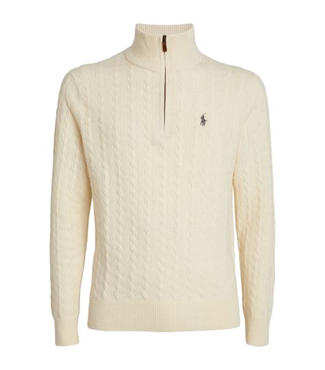 Mens Polo Ralph Lauren Ivory Wool Cotton Quarter Zip Sweater Harrods