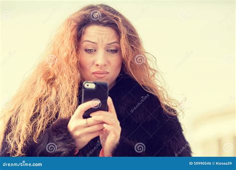 Upset Skeptical Unhappy Woman Talking Texting On Mobile Phone Stock