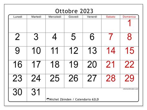 Calendario Ottobre 2023