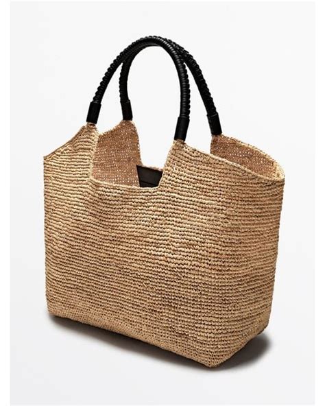 Massimo Dutti Raffia Tote Bag With Leather Handles In Natural Lyst