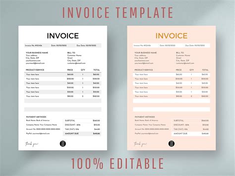 Editable Invoice Template Printable Business Invoice Custom Order Form