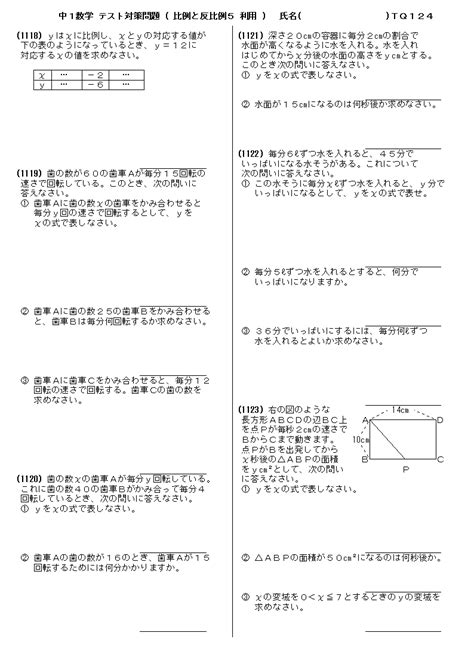 中1数学テスト対策問題24 比例と反比例5 利用 プリント