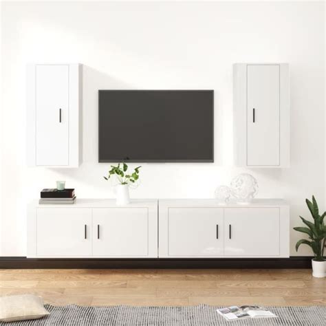 Ensemble De Meubles Tv Mural Complet Dioche Blanc Brillant Bois D