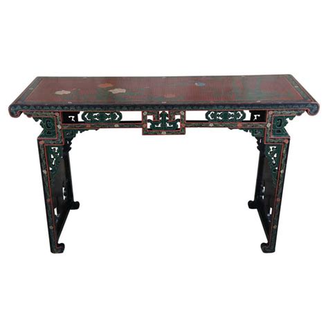 Chinese Ming Dynasty Style Black Lacquered Altar Console Table With Red