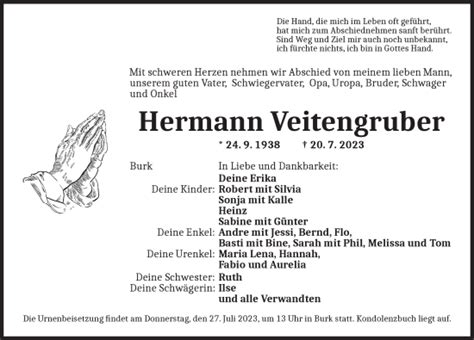 Traueranzeigen Von Hermann Veitengruber Trauer Flz De