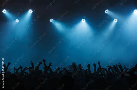 Background with concert crowd hands. Wallpaper with empty stage on ...