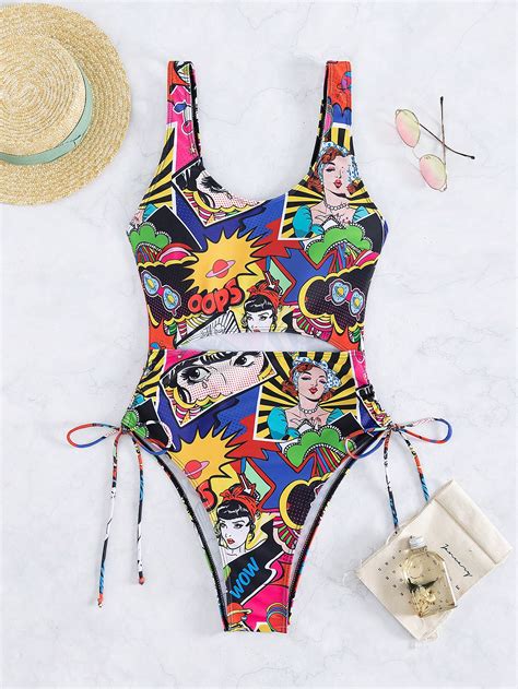 Shein Shein Swim Vcay Pop Art Print Cut Out Drawstring Side One Piece