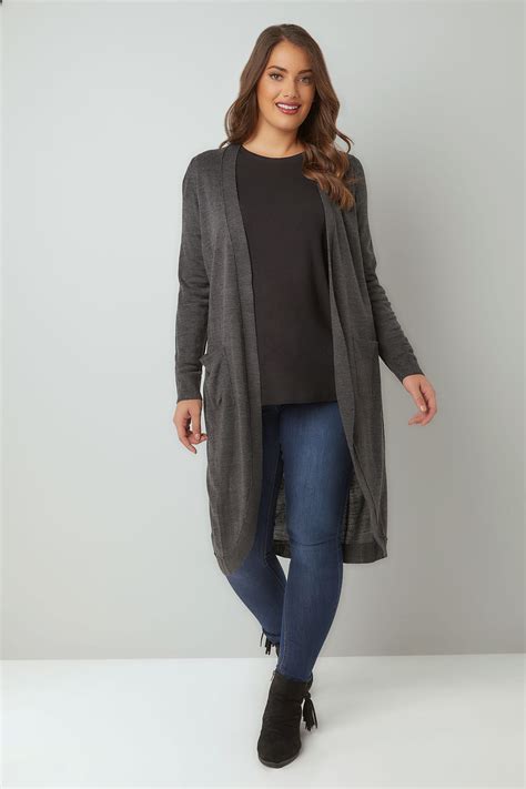 Dark Grey Longline Cardigan With Pockets Plus Size 16 To 36