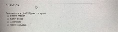 Solved QUESTION 1 Costovertebral angle (CVA) pain is a sign | Chegg.com