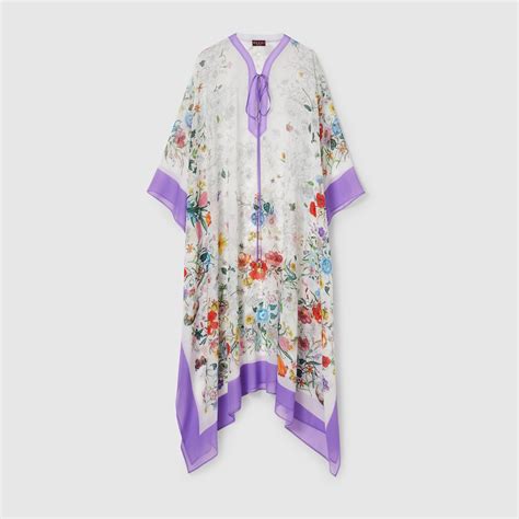 Printed silk cape dress in white and lilac | GUCCI® HU